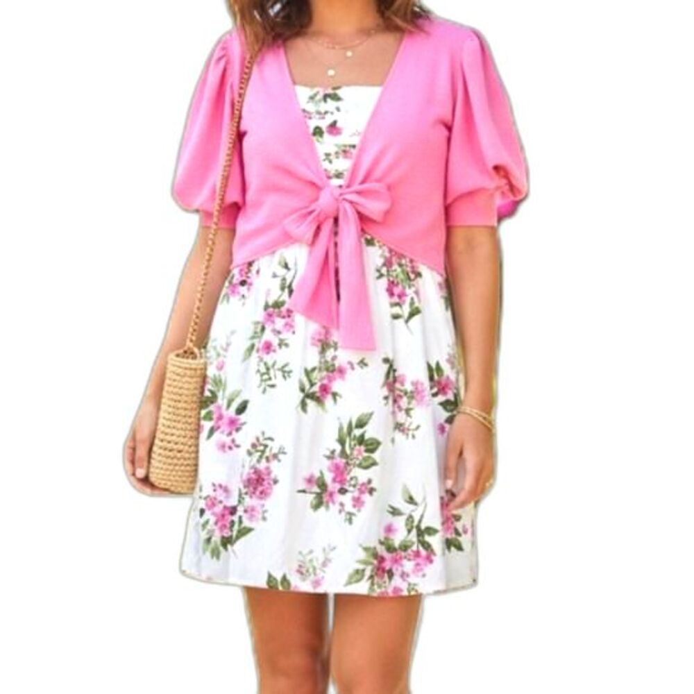 ALTAR'D STATE Dress & Crop Jacket Front Tie Bow Floral White Pink Women Medium